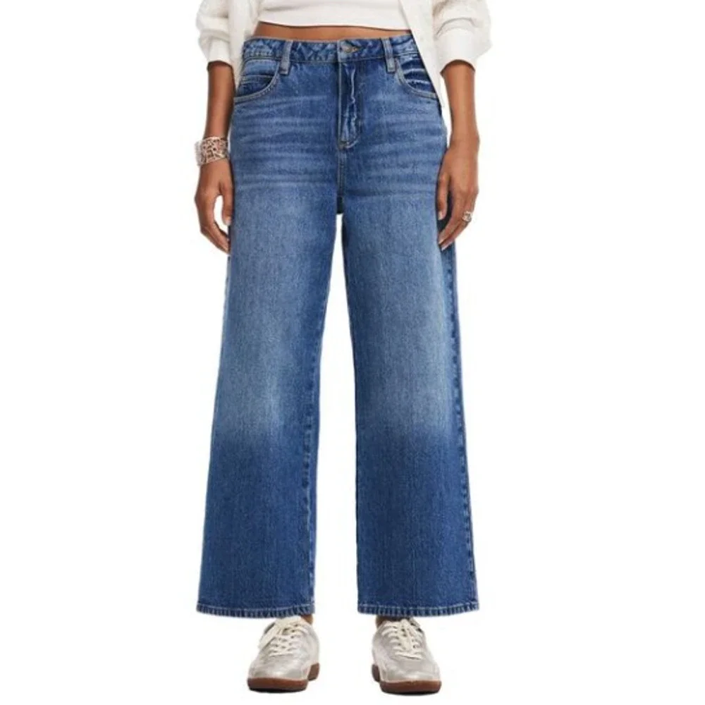 Desigual Women's Wide Leg Jeans US (12) High Waist Crop Med Rinse Preppy Boho
